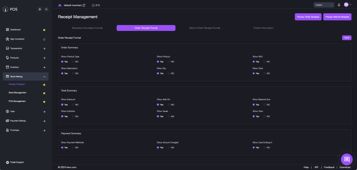 Order Receipt Format Settings