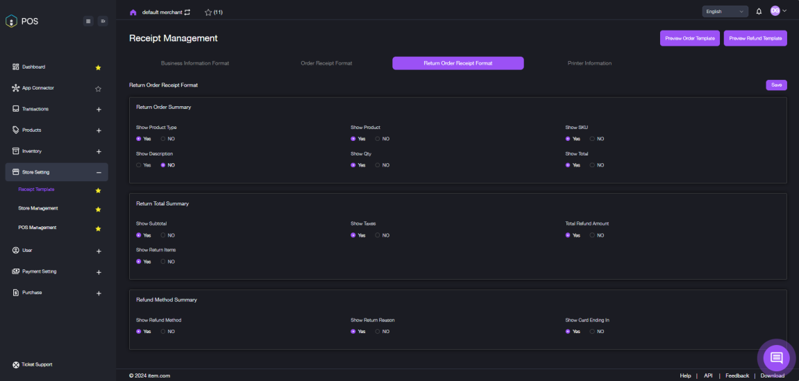 Return Order Receipt Format Settings